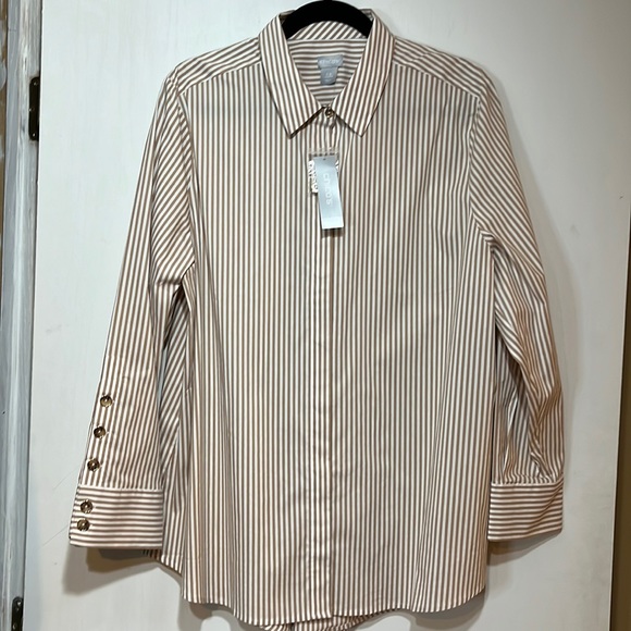 NWT Chico’s button sleeve poplin shirt/striped tunic tan and cream size 3.5 - Picture 1 of 8